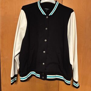 Torrid Black and White Varsity Jacket with Teal Accents - size 3X
